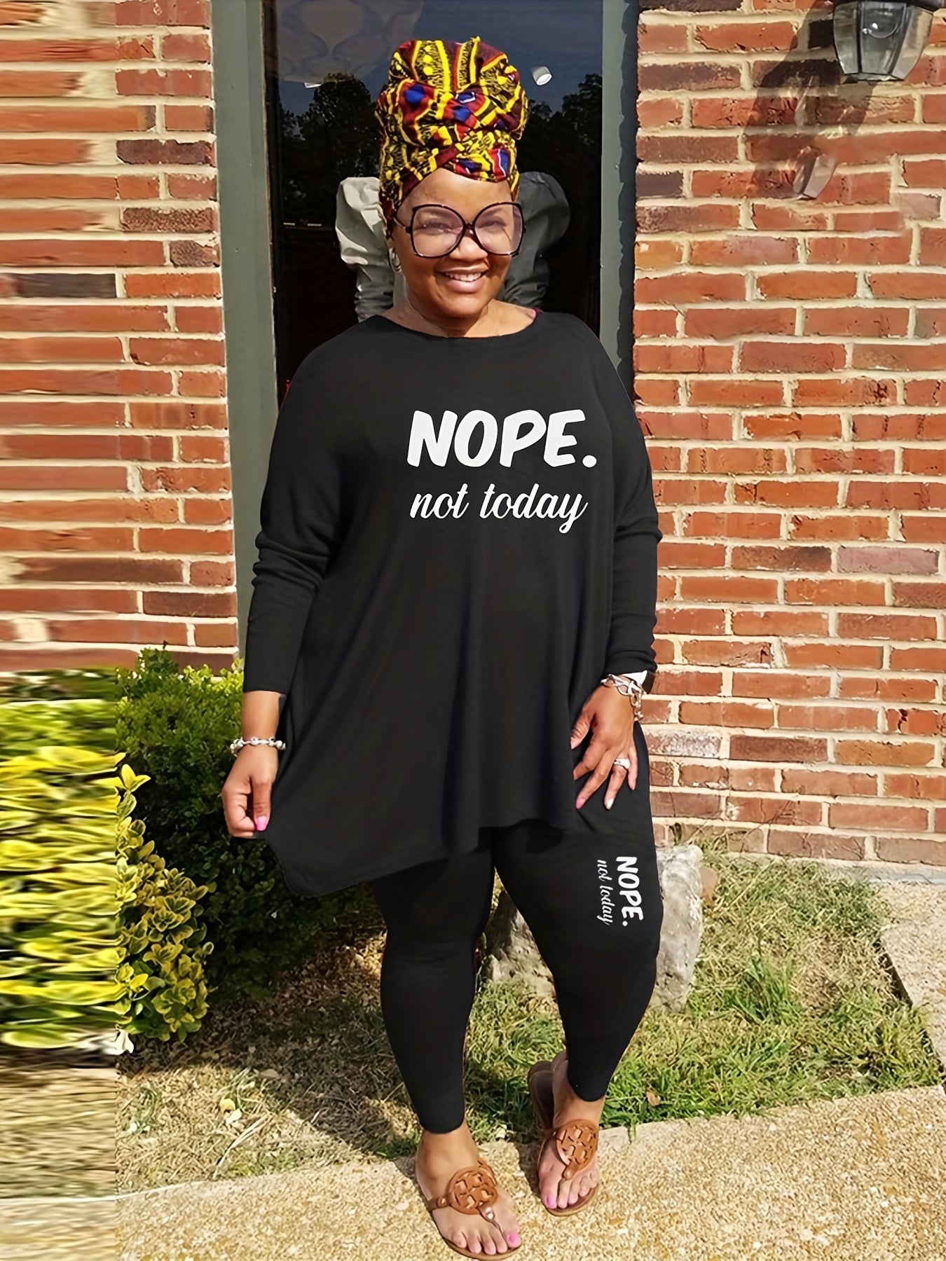  Slogan Print Tunic Top & Leggings Outfit Set