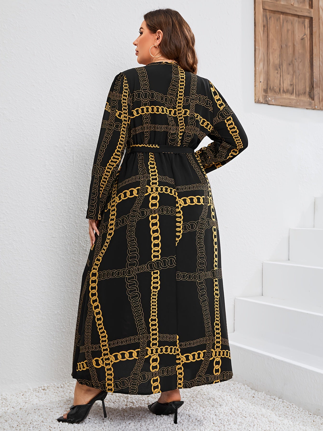  Chian Print Long Sleeve Surplice Neck Stretch Maxi Dress