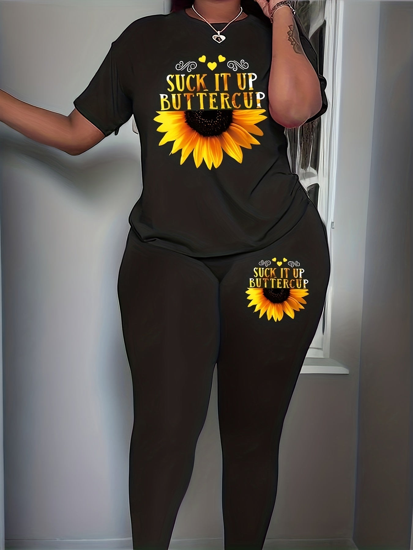 Plus Size Women's Slogan & Floral Print Round Neck Top & Leggings Outfit Set