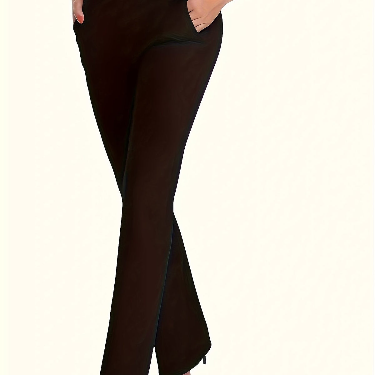  Solid Elastic High Rise Straight Leg Trousers With Pockets
