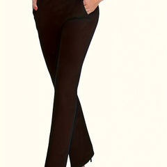  Solid Elastic High Rise Straight Leg Trousers With Pockets