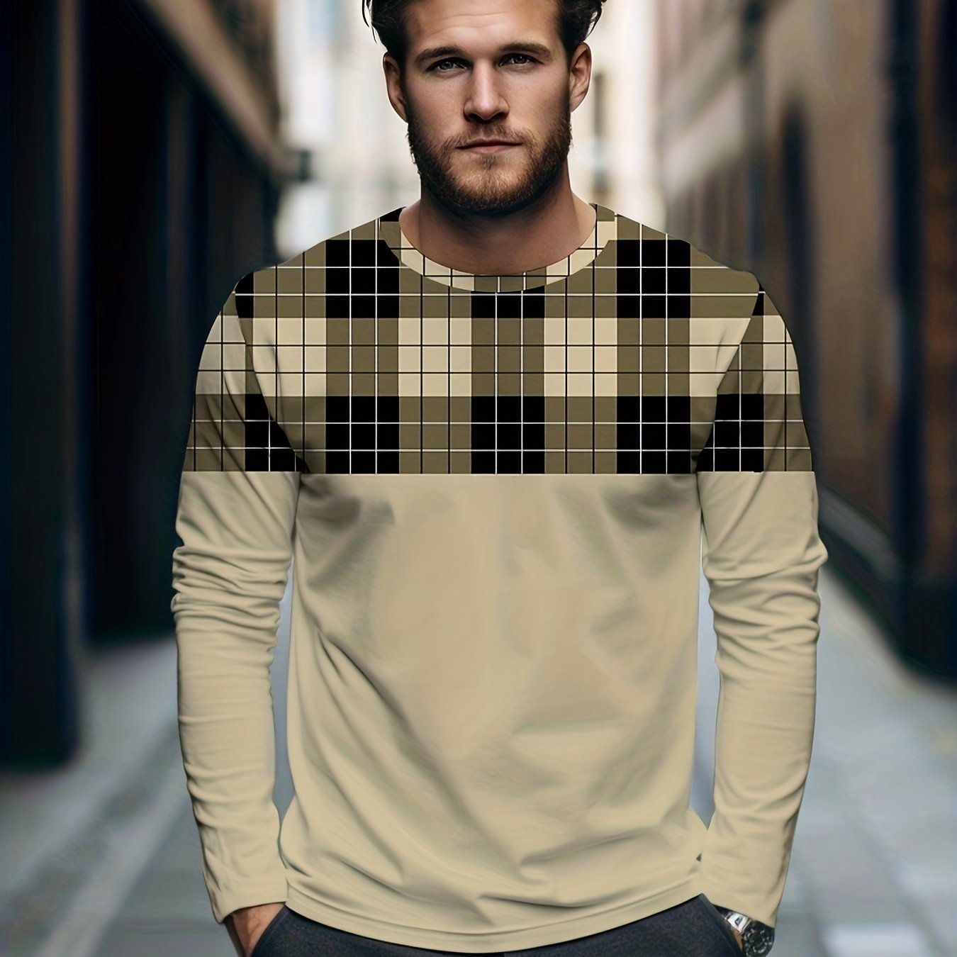 Men's Plaid Long Sleeve Tee for Autumn