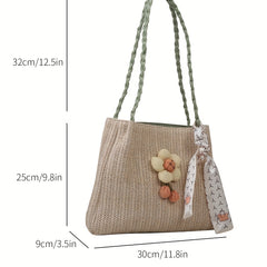 Large Capacity Straw Tote Bag with Woven Handle & Scarf Decor
