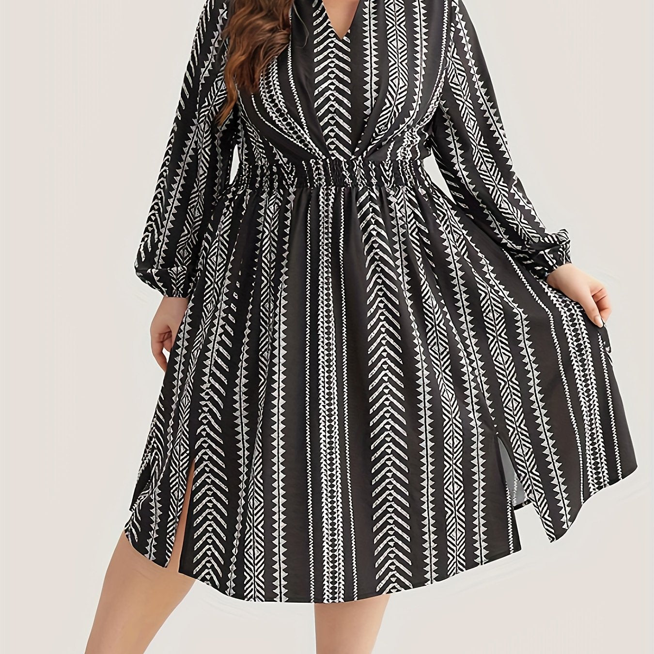 Geometric Print Long Sleeve Plus Size Boho Dress with Pockets