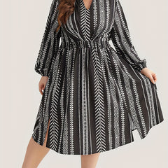 Geometric Print Long Sleeve Plus Size Boho Dress with Pockets