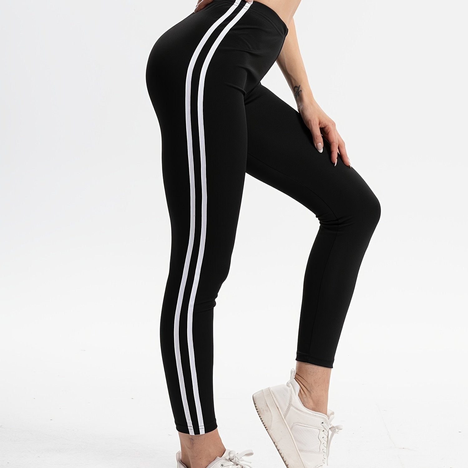 High Waist Yoga Leggings with Vertical Stripes for Sports