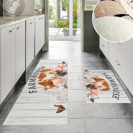 2pcs Cartoon Animal Farm Pattern Area Floor Mat Soft Comfortable Non-slip Carpet