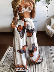 Boho Butterfly Print Two piece Set Crop Cami Top & Wide Leg Pants