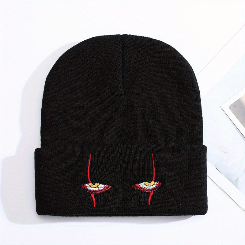 Horror Clown Eyes Cartoon Embroidery Knitted Hat with Woolen Cover