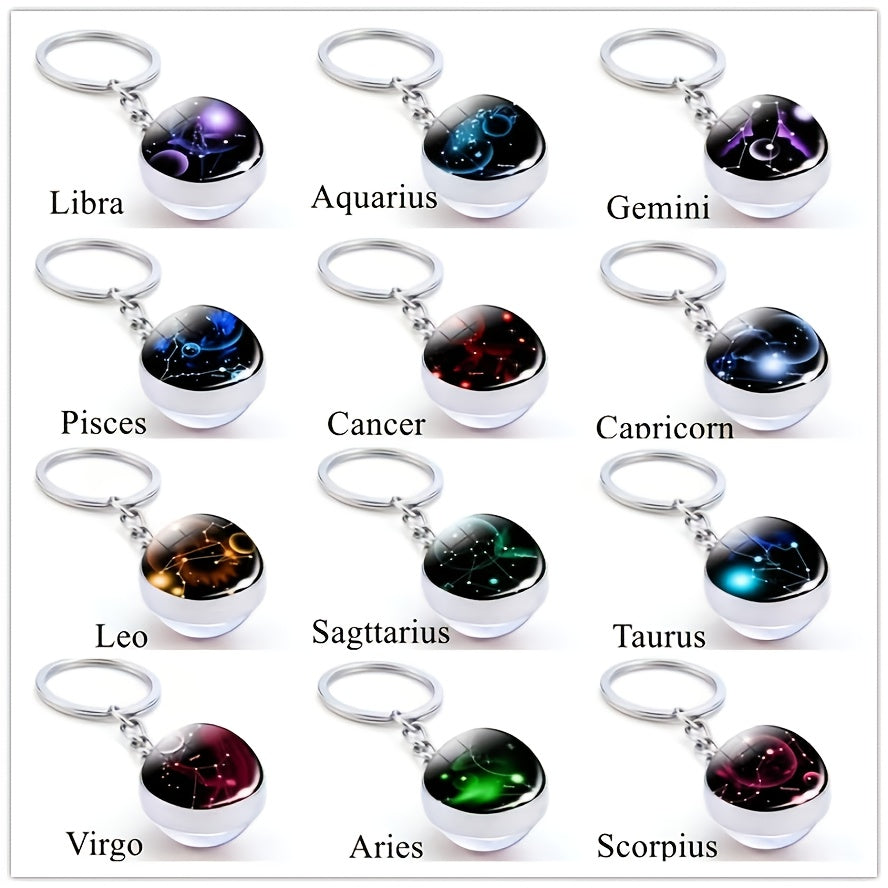 Zodiac Constellations Charms Keyring Crystal Ball Key Chain Rings