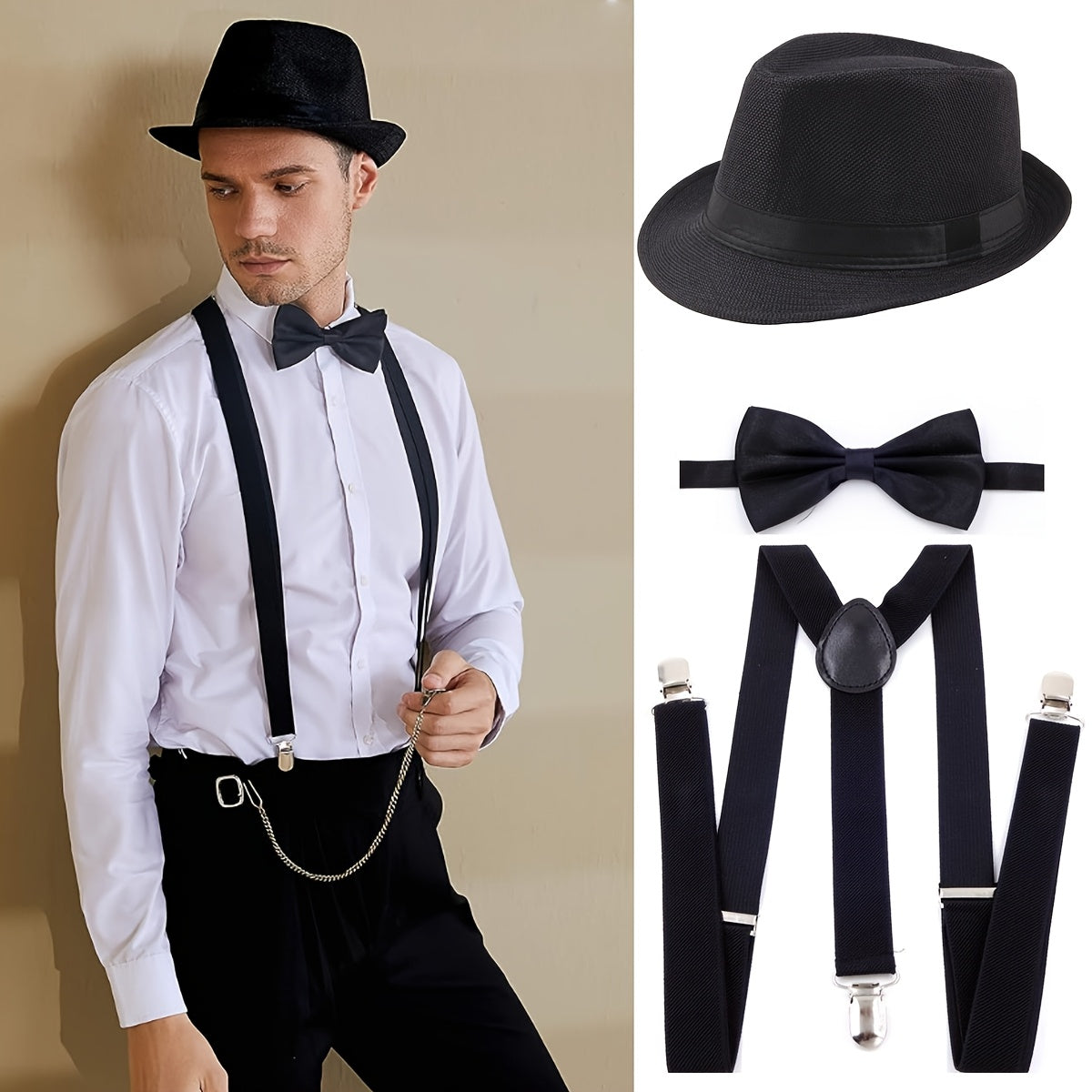 1920s Men's Dance Party Costume Set - Shirt, Pants, Bow Tie