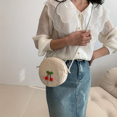 Straw Cherry Mini Shoulder Bag Zipper Round Crossbody Bag