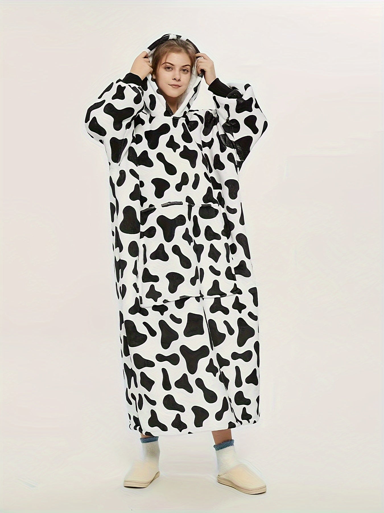 Cow Print Hooded Sherpa Fleece Robe Plus Size