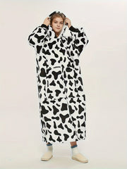 Cow Print Hooded Sherpa Fleece Robe Plus Size