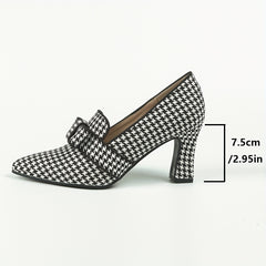Women's Houndstooth Pumps Bowknot Slip On Chunky Heels