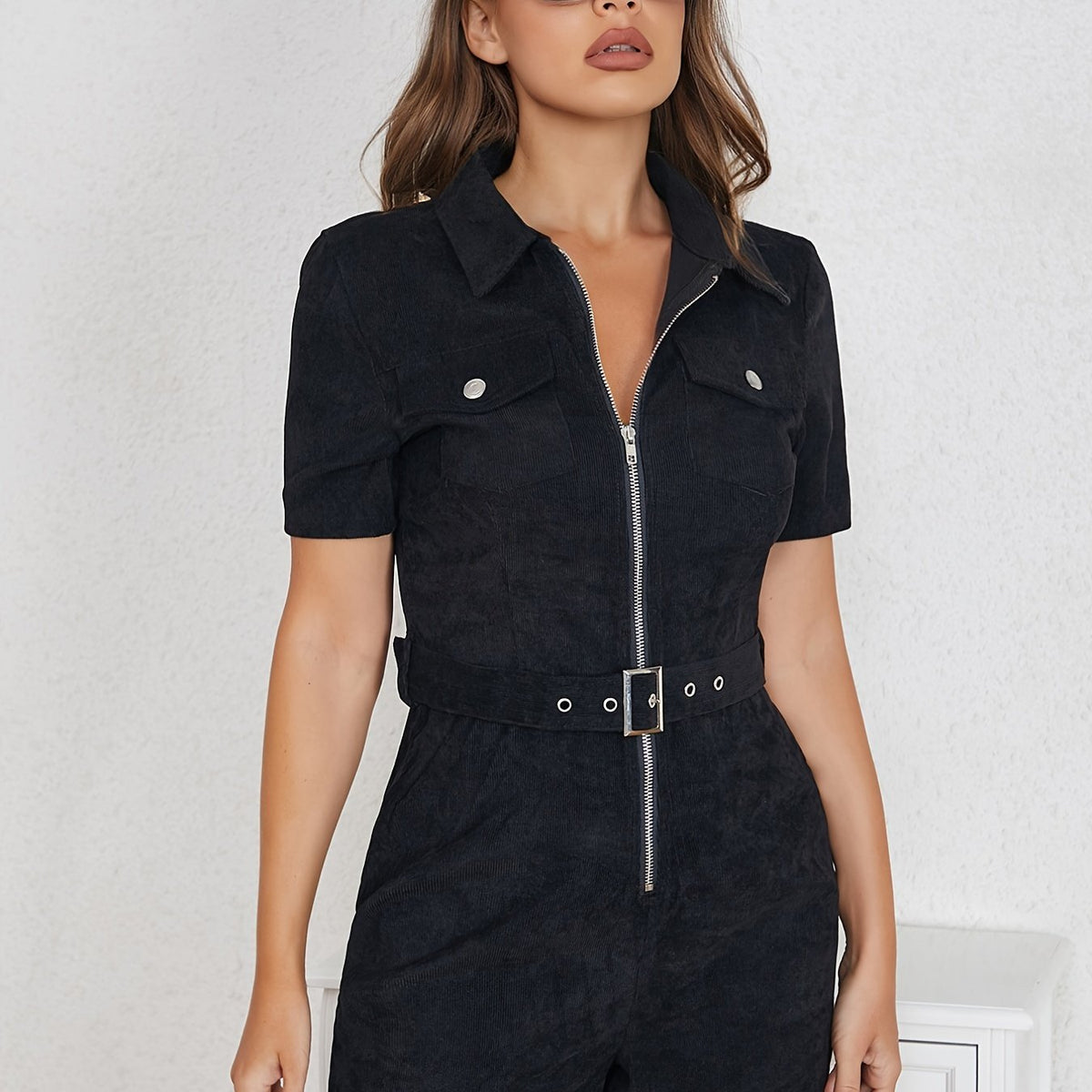 Casual Corduroy Zipper Romper Short Sleeve Jumpsuit