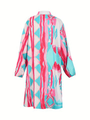  Casual Dress Women's Plus Allover Print Lantern Sleeve Button Up