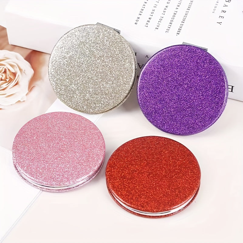 Glitter Leather Compact Mirror Double Side Folding Travel Vanity Mirror