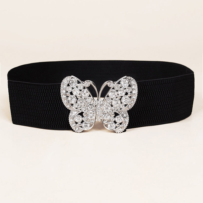 Rhinestone Belt Butterfly Decorated Elastic Girdle Butterfly Hook Buckle