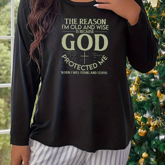 Cross & Letter Print Long Sleeve Crew Neck Pajama Top