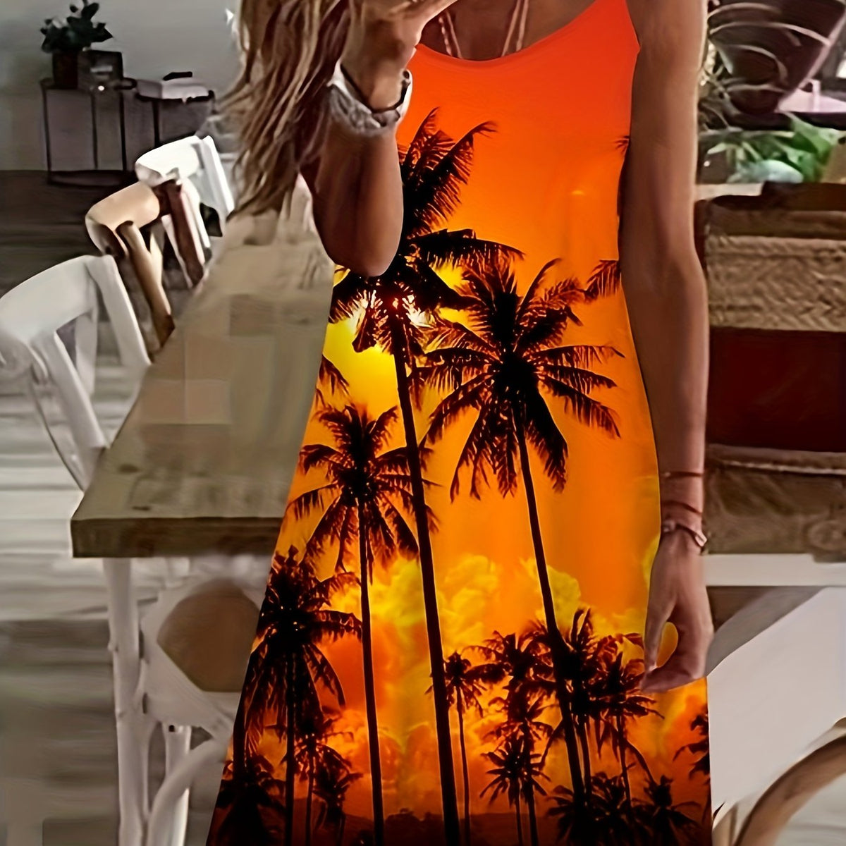 Coconut Tree Print Cami Dress Sleeveless Comfy Women's Clothing