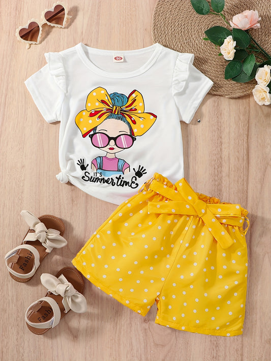 2pcs Girls Ruffle T Shirt & Polka Dot Belted Shorts Set