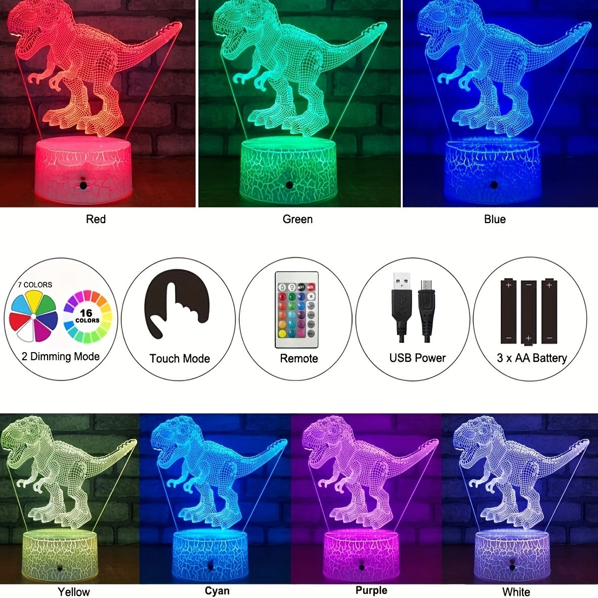 Dinosaur 3D Night Light w/ Remote & Smart Touch 16 Colors Dimmable T rex Toys