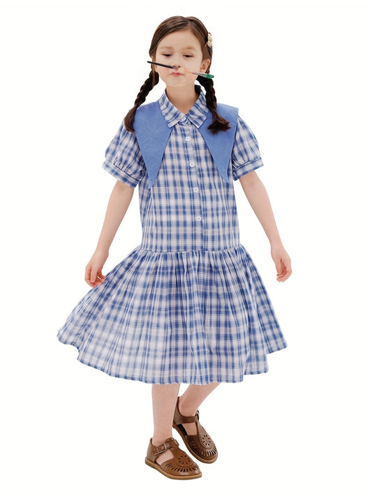 Girl's Cotton Plaid One piece Dress Casual Puff Sleeve Lapel Princess Dress