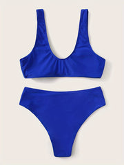 Solid Knot Front V Neck Bikini Set 2 Piece Swimsuit
