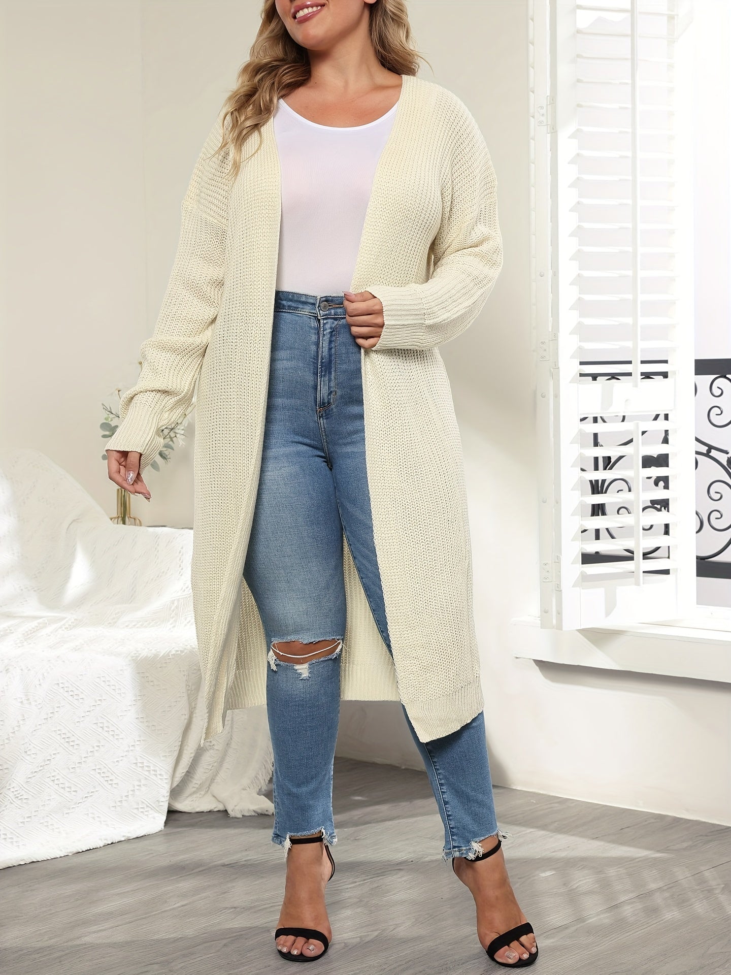  Casual Cardigan Women's Plus Solid Long Sleeve Open Front Cardigan