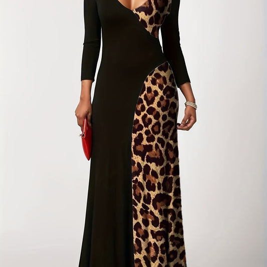 Colorblock Leopard Print V Neck Maxi Dress