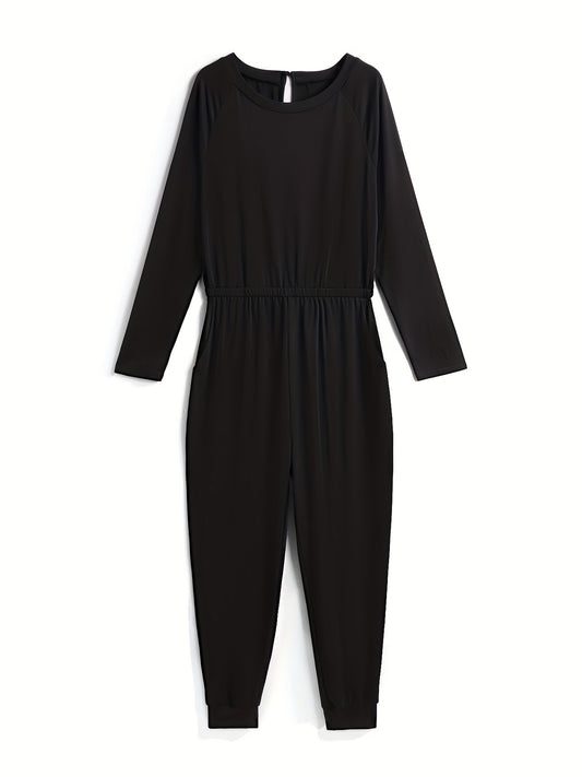 Solid Cinched Waist Jumpsuit Casual Long Sleeve Jumpsuit For Spring & Fall