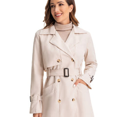 Long Trench Coat Windproof Lapel Slim Belted Outerwear