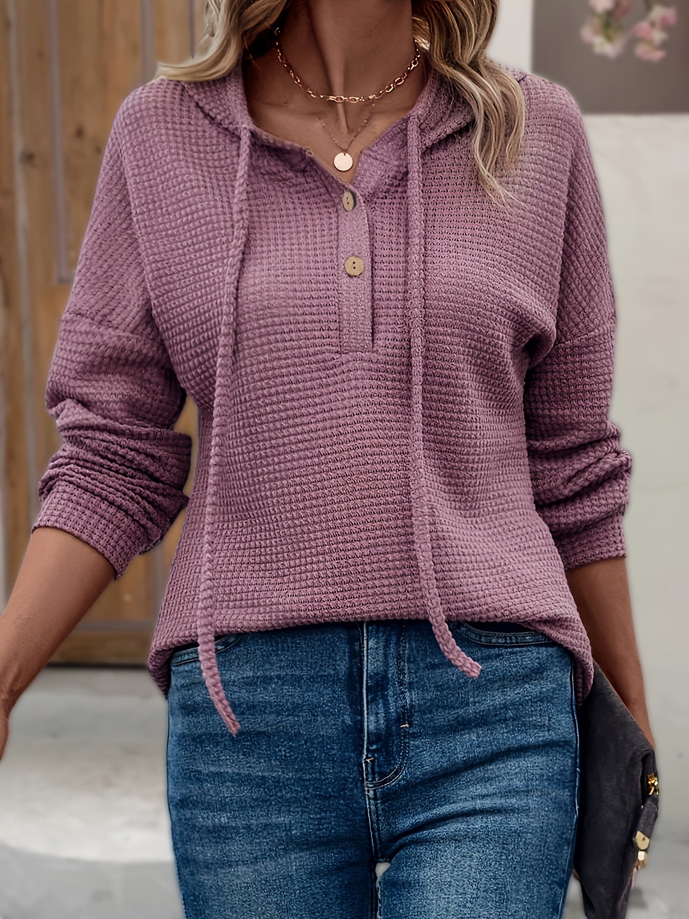 Drawstring Hooded Button Sweater Casual Solid Color