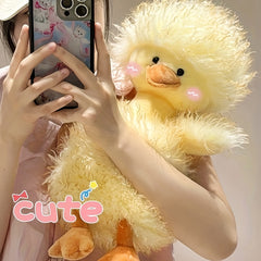 Large Curly Haired Duck Plush Toy Soft Stuffed Animal Yellow & Pink Options