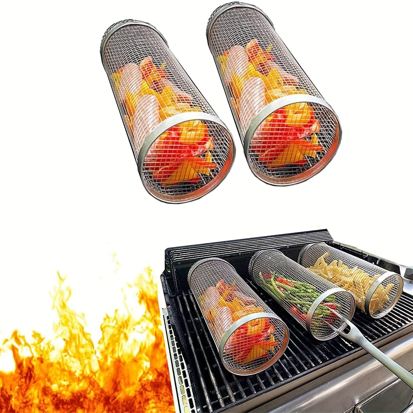 Stainless Steel Rolling Grill Basket for Vegetables and Fish