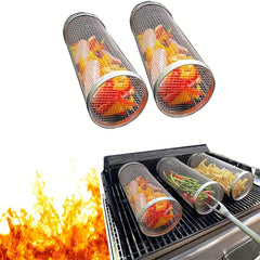 Stainless Steel Rolling Grill Basket for Vegetables and Fish
