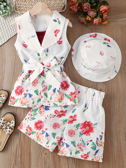 Girls Floral Suit Sleeveless Shirt Shorts Belt Hat Set