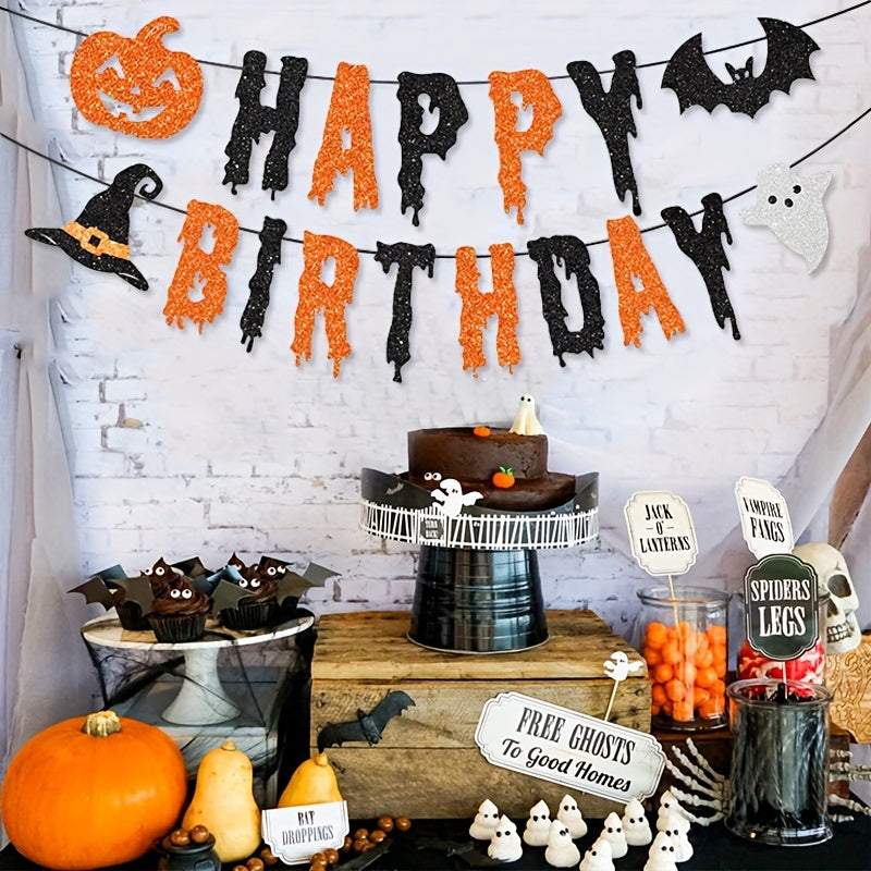 Halloween Birthday Banner & Pumpkin Bat Wizard Hat Decor