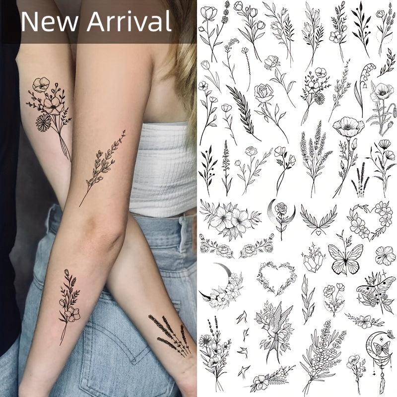 4 Piece Butterfly Flower Sketch Tattoo Stickers