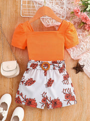 Girls Puff Sleeve Top & Stripes Flowers Shorts Set - Kids Summer Clothes