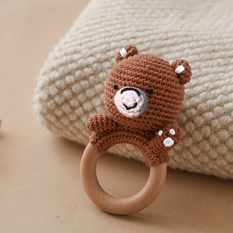 Crochet Bear Shaker Toy with Wooden Ring & Bells Sensory Stacking
