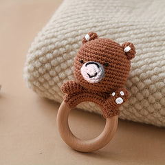 Crochet Bear Shaker Toy with Wooden Ring & Bells Sensory Stacking