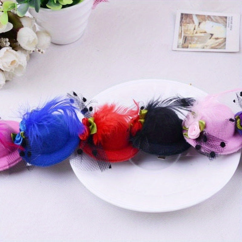 Doll House Hat Brushed Double Flower with Feathers Top Hat Hairpin