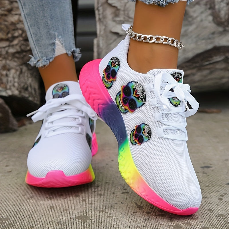 Colorful Skull Pattern Sneakers Lace Up Knit Mesh Shoes Lightweight Breathable