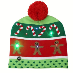 Christmas LED Lights Knitted Hat Soft & Warm Material Fine Pattern Hairball