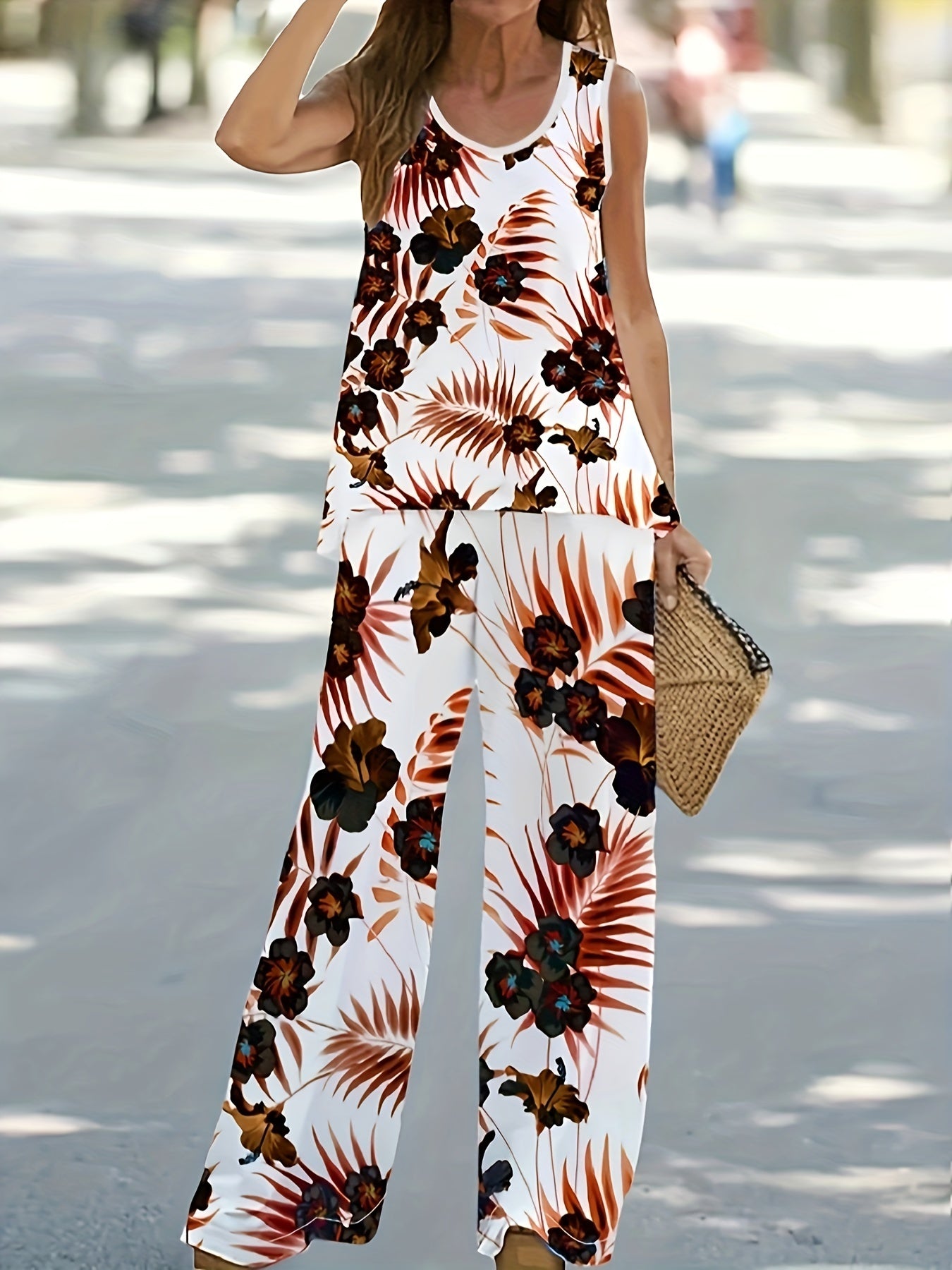 Floral Print Block Top & Solid Wide Leg Pants Set