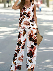 Floral Print Block Top & Solid Wide Leg Pants Set
