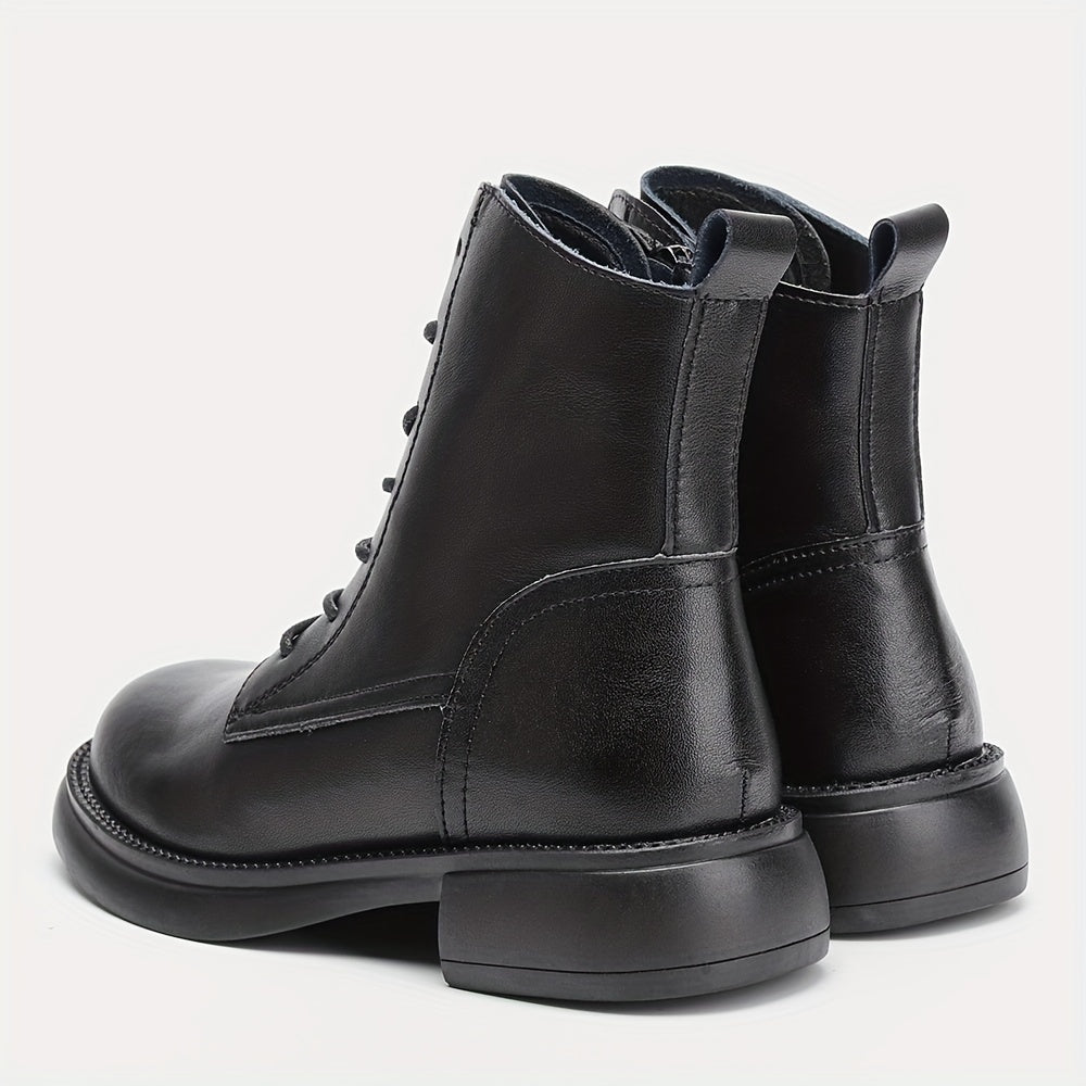 Women's Lace Up Combat Boots Chunky Heel Side Zip Plush Lined