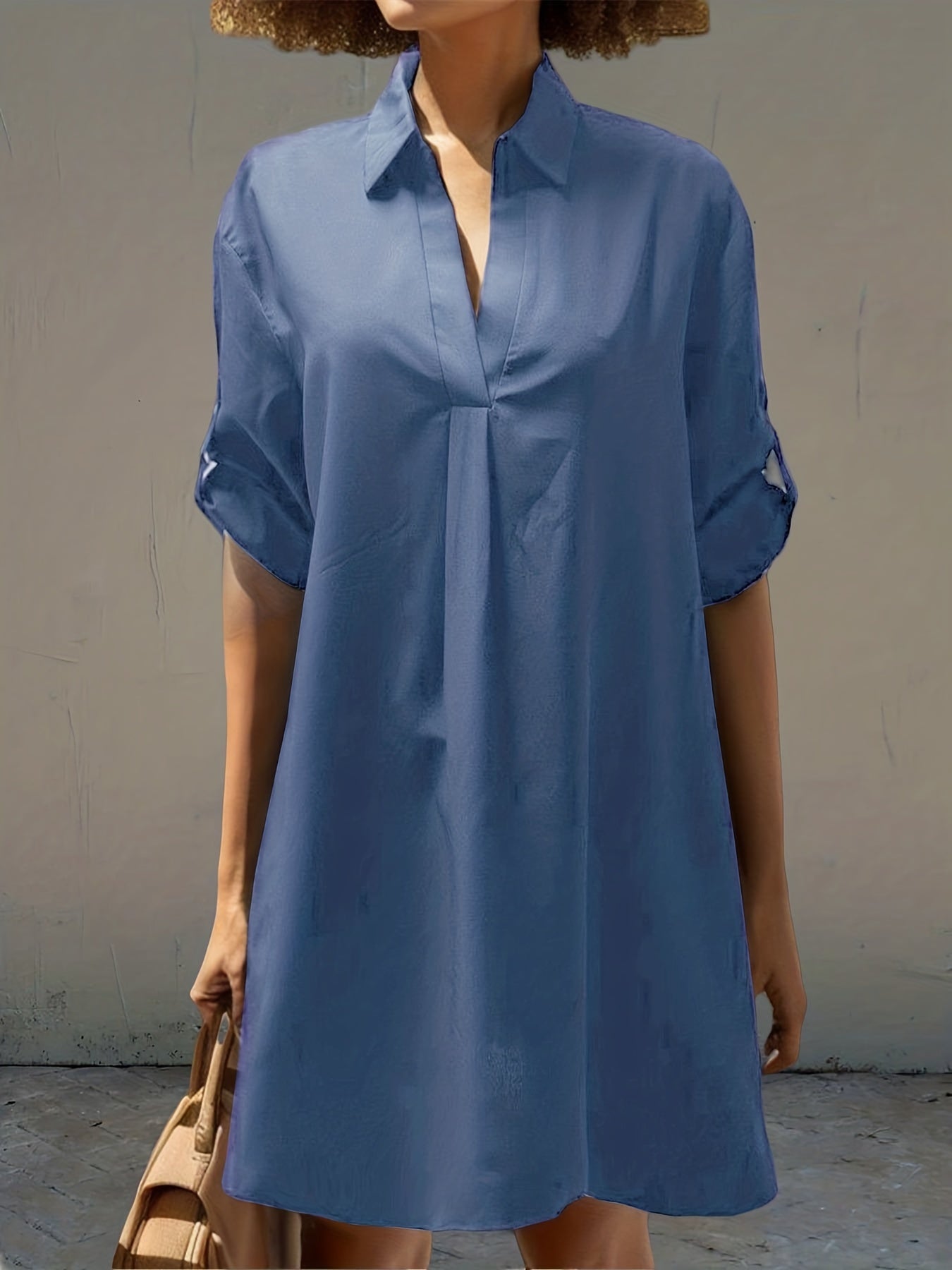 V-Neck Loose Shirt Dress Casual Solid Half Sleeve Waist Summer Beach Dress